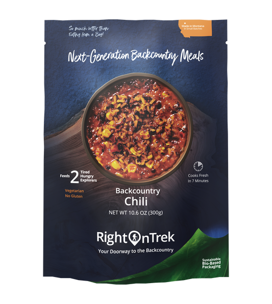 RightOnTrek Backcountry Chili camping meal feeds two