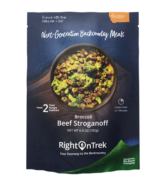 RightOnTrek broccoli beef stroganoff feeds 2 people