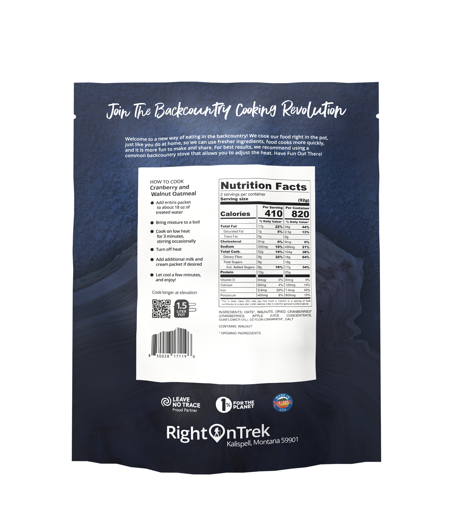 RightOnTrek cranberry and walnut oatmeal feeds 2 people nutrition table
